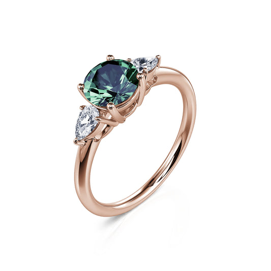 Rosa Saphir Vert - Bague de fiançailles or rose Saphir Vert rond et diamants poires #2