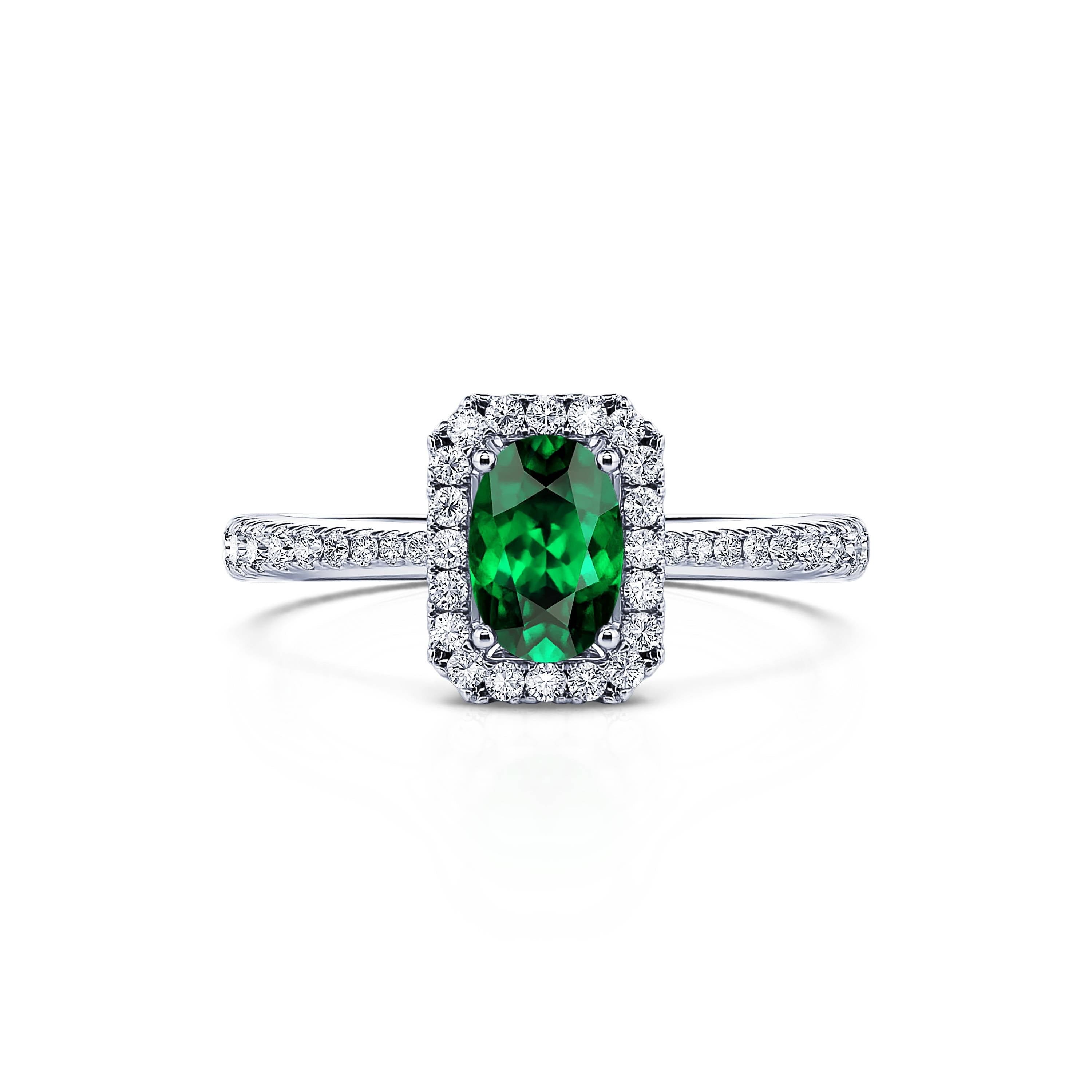 Bague De Fiançailles Alliance 'Marguerite' Platine - Émeraude Et Diamants G, Taille 52 - Neuf