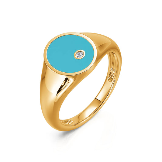 Apoline Turquoise - Chevalière turquoise et diamant en or jaune #2