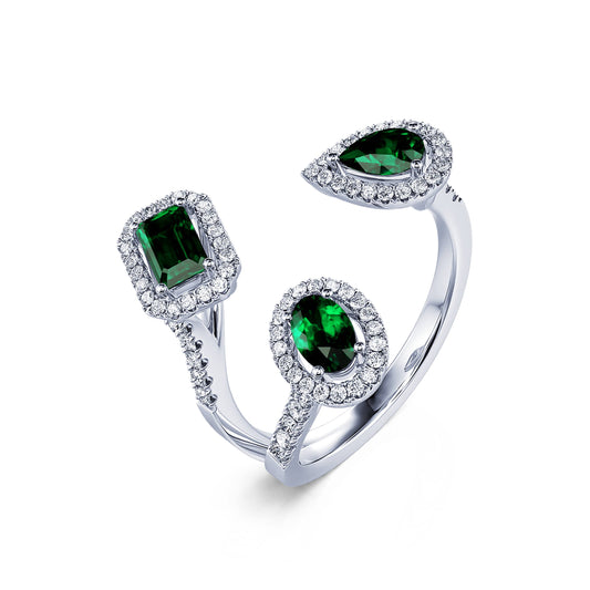 Jared - Bague ouverte mutliformes émeraudes et diamant #2
