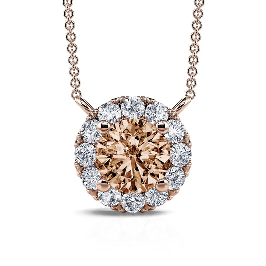 June L Brun - Collier or rose diamant brun rond avec halo #2