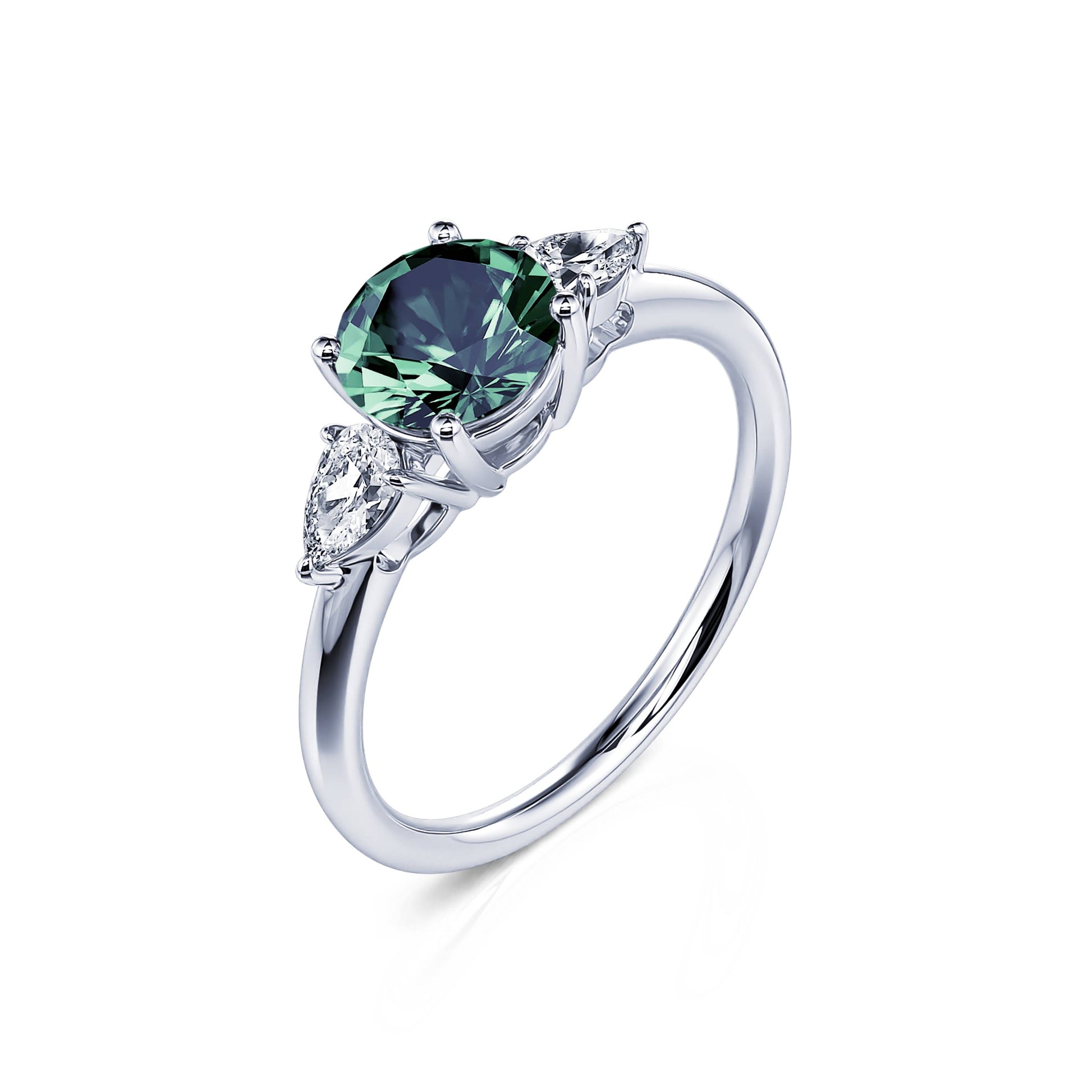 Bague de fiançailles platine Saphir Vert rond et diamants poires Rosa Saphir Vert 2