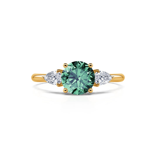 Rosa Saphir Vert - Bague de fiançailles or jaune Saphir Vert rond et diamants poires #1