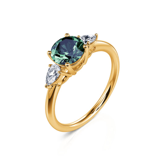 Rosa Saphir Vert - Bague de fiançailles or jaune Saphir Vert rond et diamants poires #2