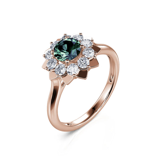 Colombine Saphir Vert - Bague marguerite saphir vert et diamants en or rose #2