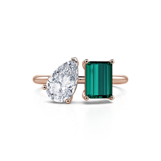 Nova Tourmaline Verte&nbsp;-&nbsp;Bague Toi & Moi Diamant de synthèse poire et Tourmaline verte émeraude en or rose #1