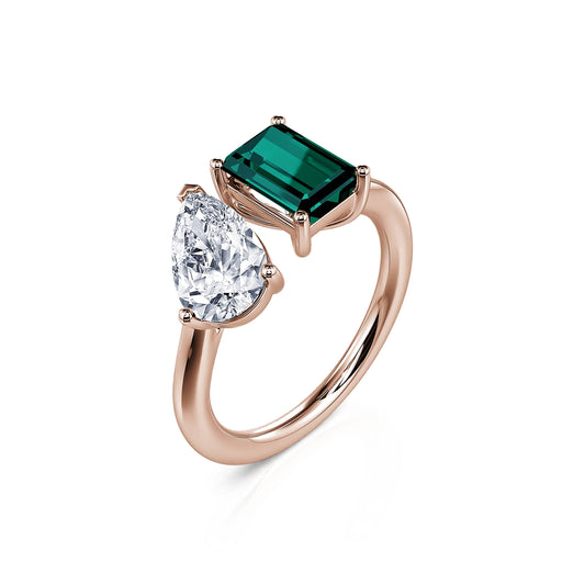 Nova Tourmaline Verte&nbsp;-&nbsp;Bague Toi & Moi Diamant de synthèse poire et Tourmaline verte émeraude en or rose #2