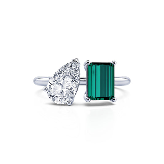 Nova Tourmaline Verte&nbsp;-&nbsp;Bague Toi & Moi diamant de synthèse poire et Tourmaline verte émeraude en Platine #1