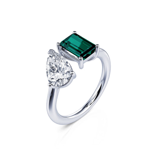 Nova Tourmaline Verte&nbsp;-&nbsp;Bague Toi & Moi diamant de synthèse poire et Tourmaline verte émeraude en Platine #2