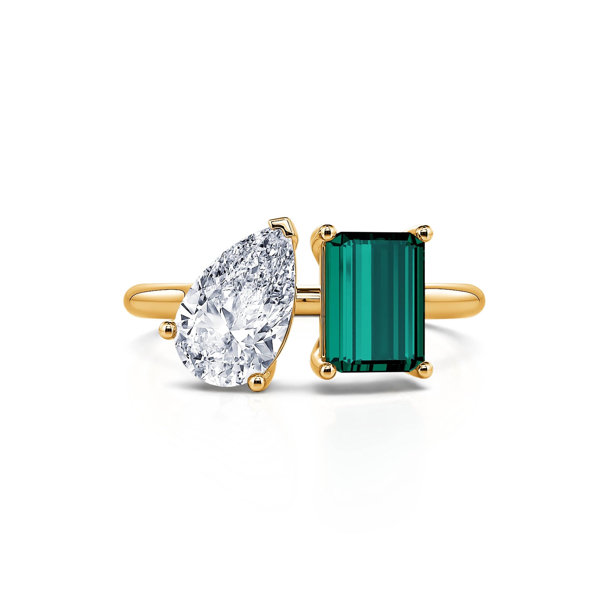 Bague Toi & Moi Diamant de synthèse poire et Tourmaline verte émeraude en or jaune Nova Tourmaline Verte 1