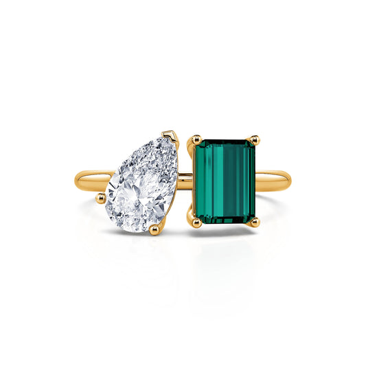 Nova Tourmaline Verte&nbsp;-&nbsp;Bague Toi & Moi Diamant de synthèse poire et Tourmaline verte émeraude en or jaune #1