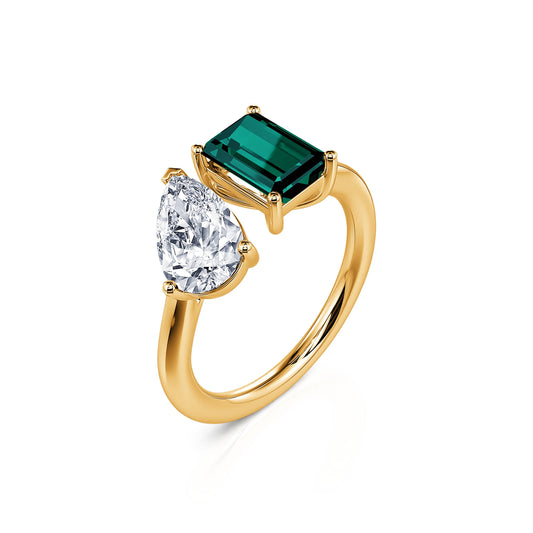 Nova Tourmaline Verte&nbsp;-&nbsp;Bague Toi & Moi Diamant de synthèse poire et Tourmaline verte émeraude en or jaune #2