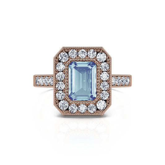Victoire Aigue-marine - Bague de fiançailles diamant or rose et aigue-marine taille émeraude #1