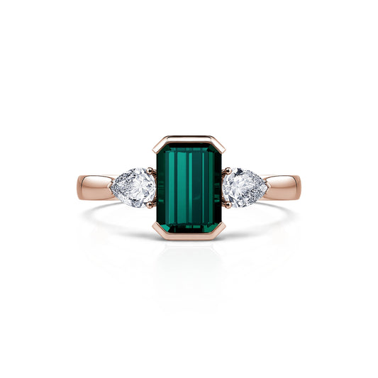 Esmée Tourmaline verte&nbsp;-&nbsp;Bague de fiançailles or roseTourmaline verte émeraude et diamants de synthèses poires #1