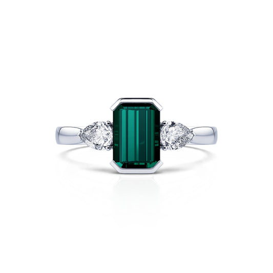 Esmée Tourmaline verte&nbsp;-&nbsp;Bague de fiançailles platine Tourmaline verte émeraude et diamants de synthèses poires #1