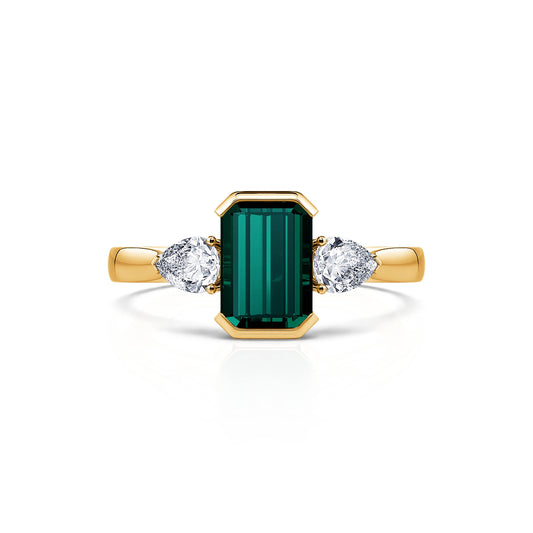 Esmée Tourmaline verte&nbsp;-&nbsp;Bague de fiançailles or jaune Tourmaline verte émeraude et diamants de synthèses poires #1