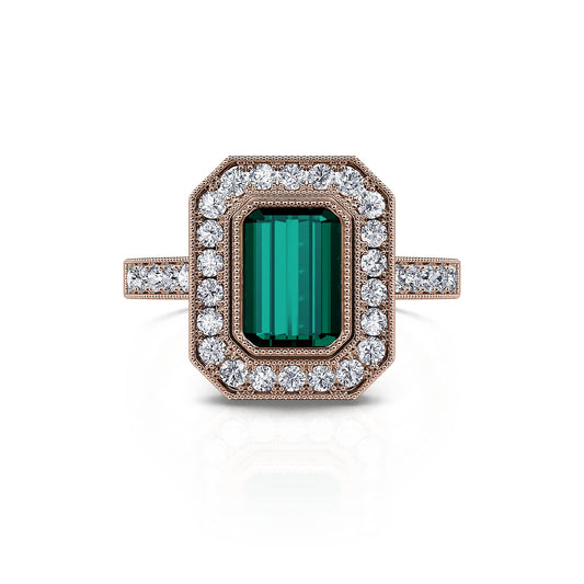 Victoire Tourmaline Verte&nbsp;-&nbsp;Bague de fiançailles diamant or rose et tourmaline verte taille émeraude #1