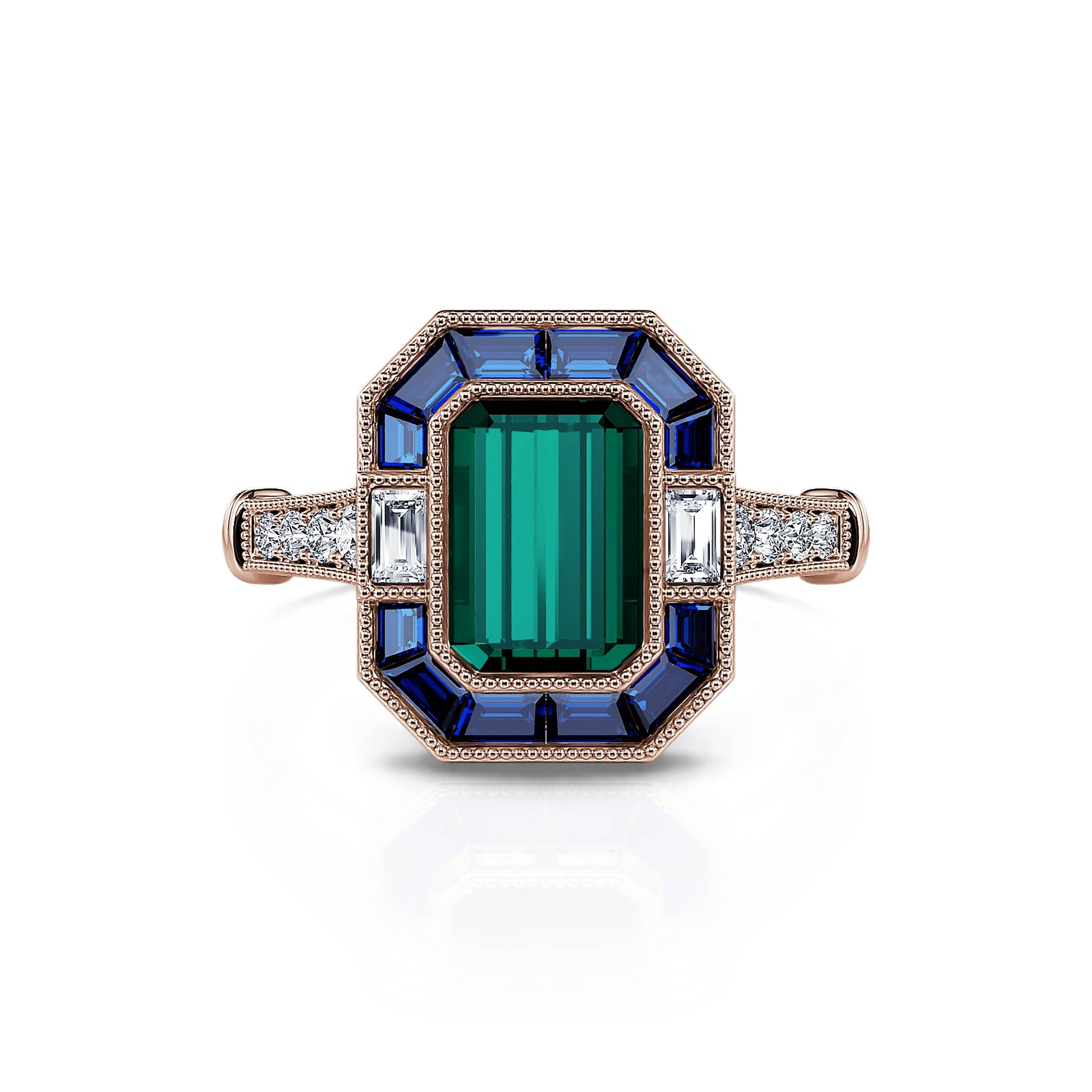 Bague tourmaline verte taille émeraude, saphirs et diamants de synthèses Horthense Tourmaline Verte 1