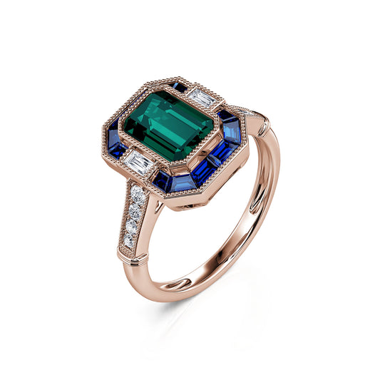 Horthense Tourmaline Verte&nbsp;-&nbsp;Bague tourmaline verte taille émeraude, saphirs et diamants de synthèses #2