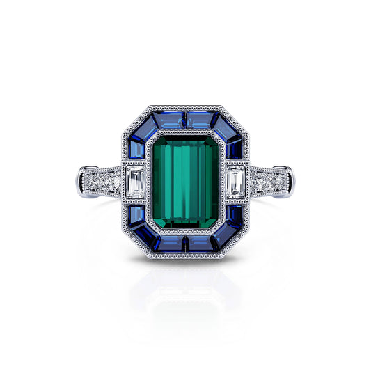 Horthense Tourmaline Verte&nbsp;-&nbsp;Bague tourmaline verte taille émeraude, saphirs et diamants de synthèses #1