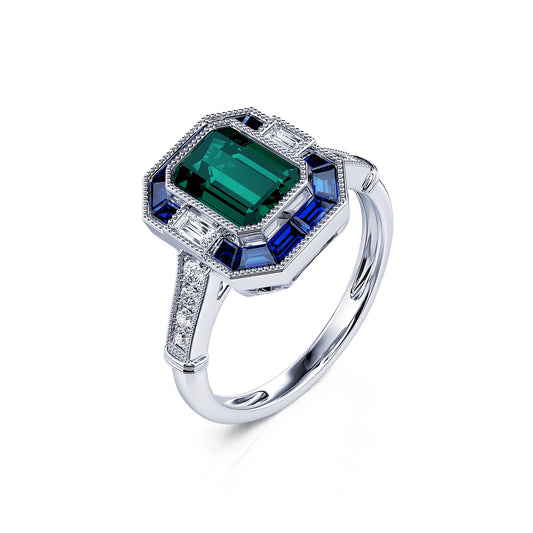 Horthense Tourmaline Verte&nbsp;-&nbsp;Bague tourmaline verte taille émeraude, saphirs et diamants de synthèses #2