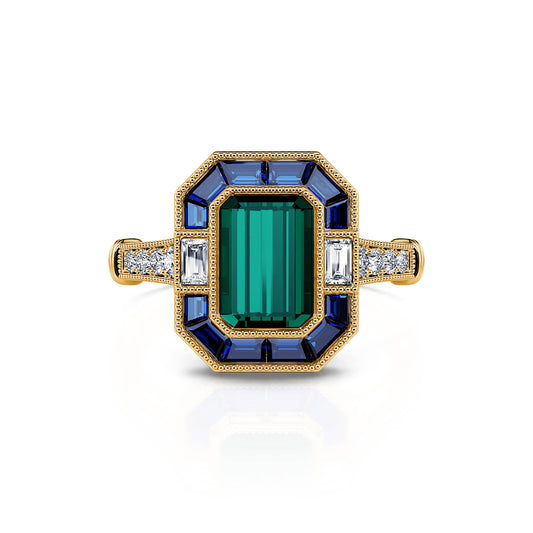Horthense Tourmaline Verte&nbsp;-&nbsp;Bague tourmaline verte taille émeraude, saphirs et diamants de synthèses #1