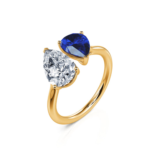 Dua Saphir&nbsp;-&nbsp;Bague Toi & Moi diamant de synthèse et Saphir en Or jaune #2
