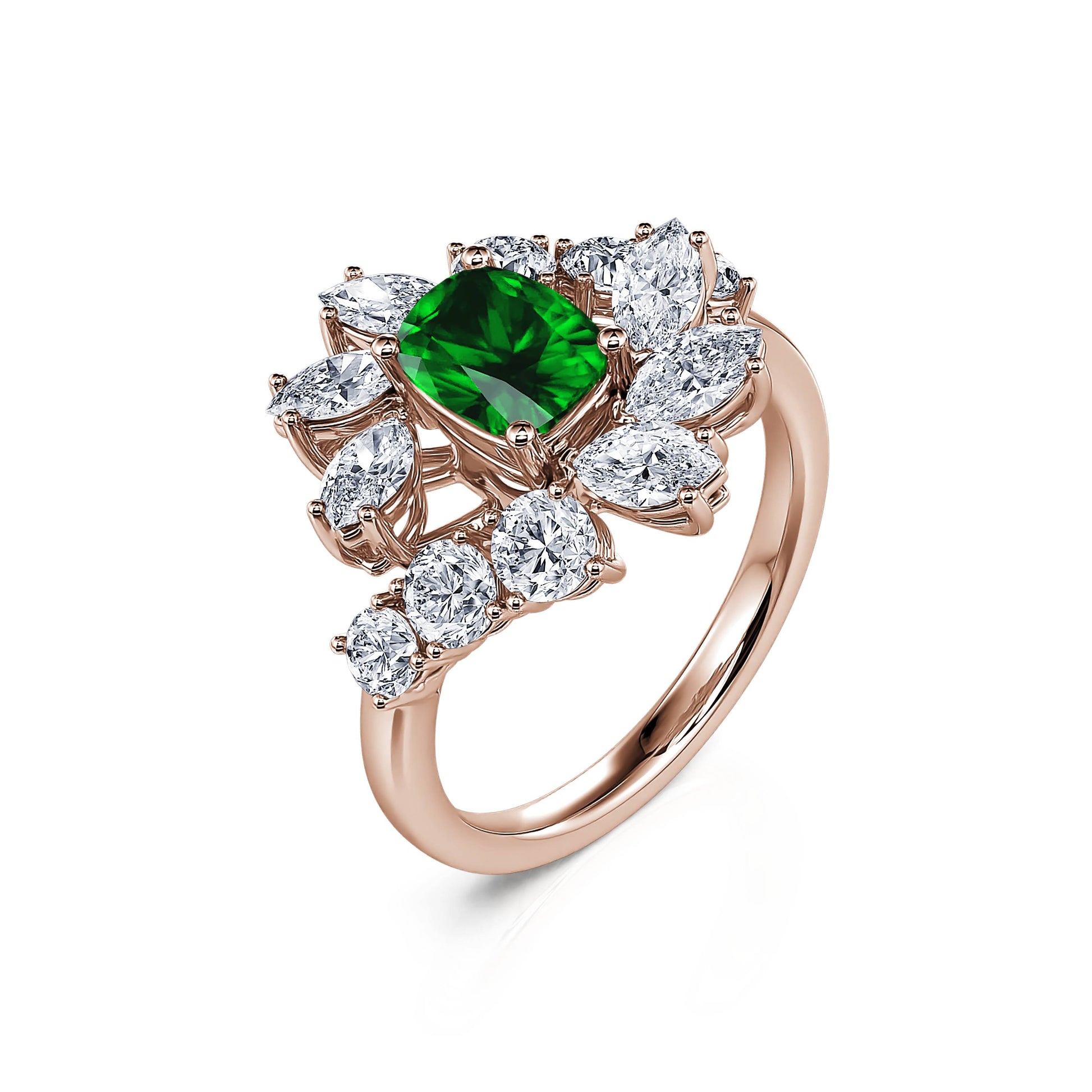 Bague marguerite diamant de synthèse et émeraude en or rose Mira Émeraude 2