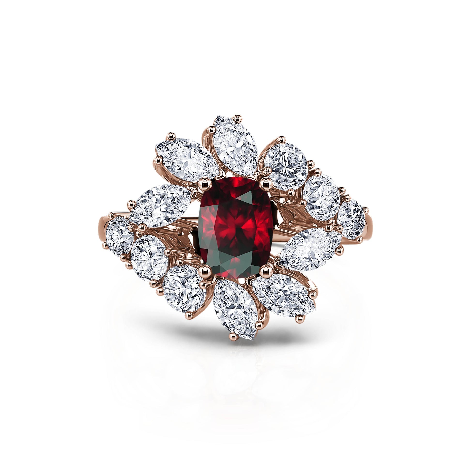 Bague marguerite diamant de synthèse et rubis en or rose Mira Rubis 1