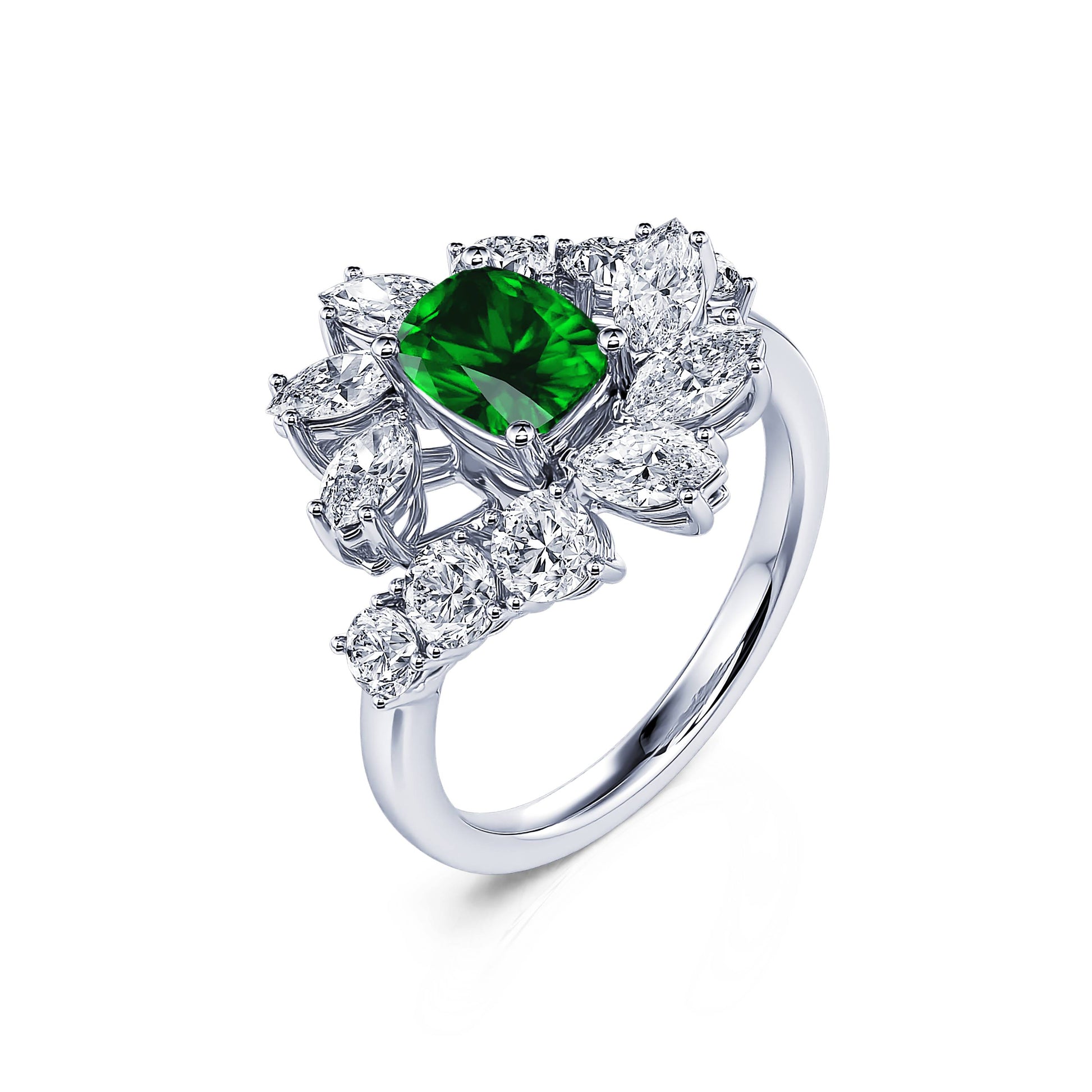 Bague marguerite diamant de synthèse et émeraude en platine Mira Émeraude 2