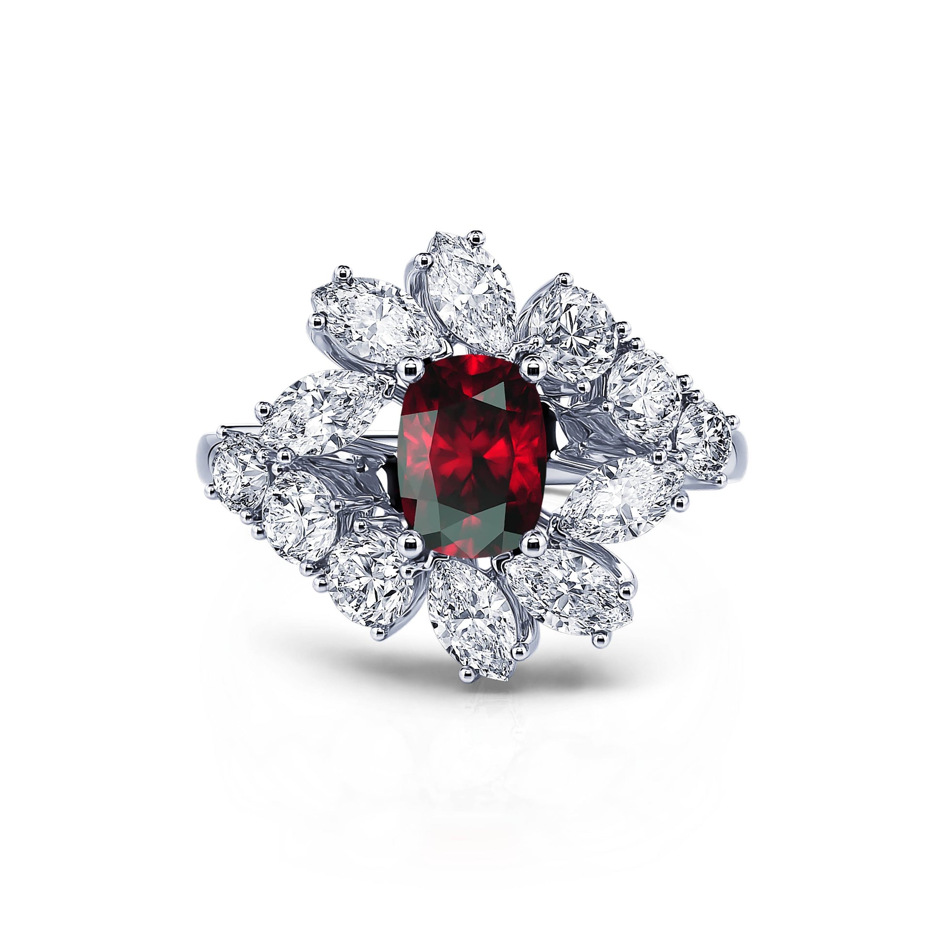 Bague marguerite diamant de synthèse et rubis en platine Mira Rubis 1