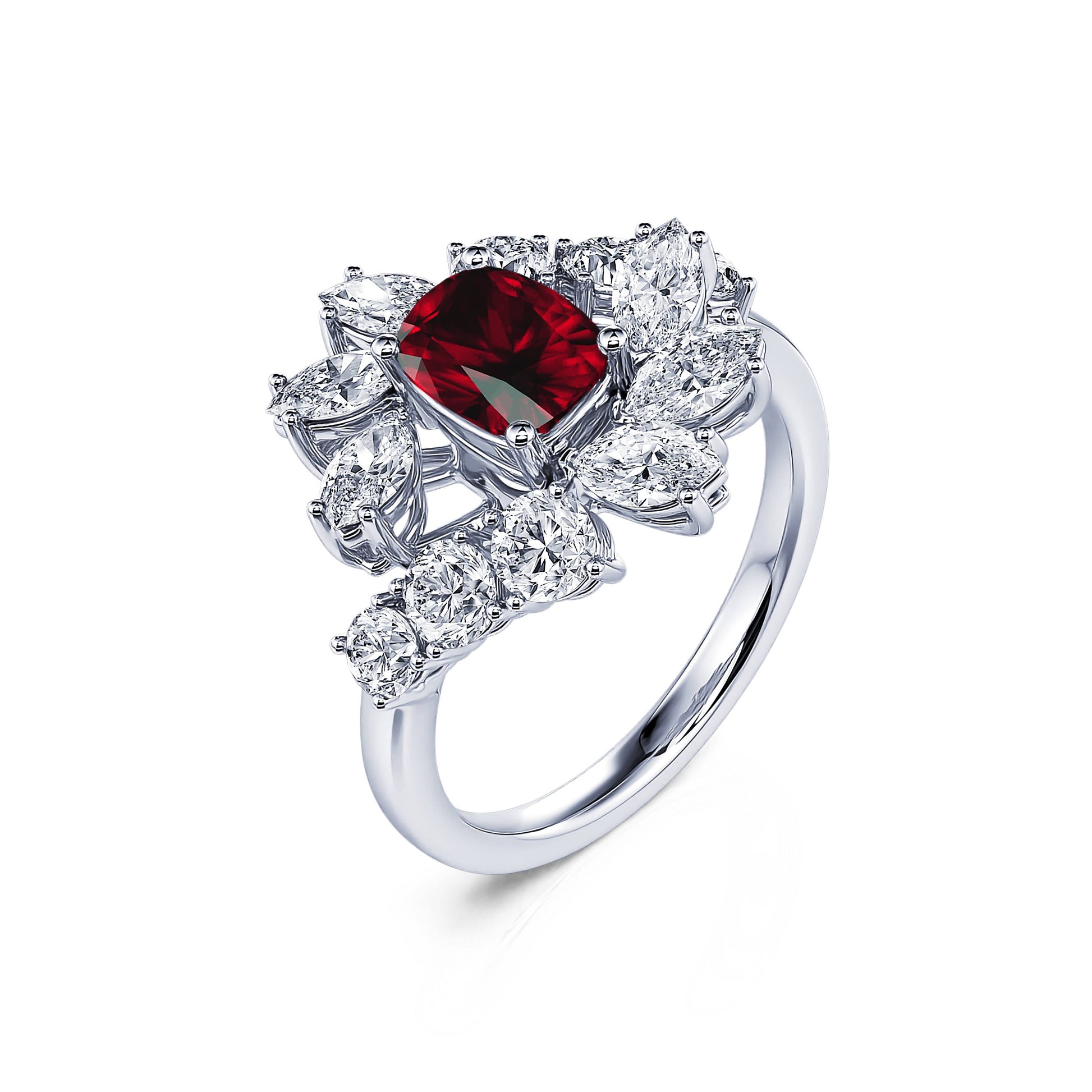 Bague marguerite diamant de synthèse et rubis en platine Mira Rubis 2