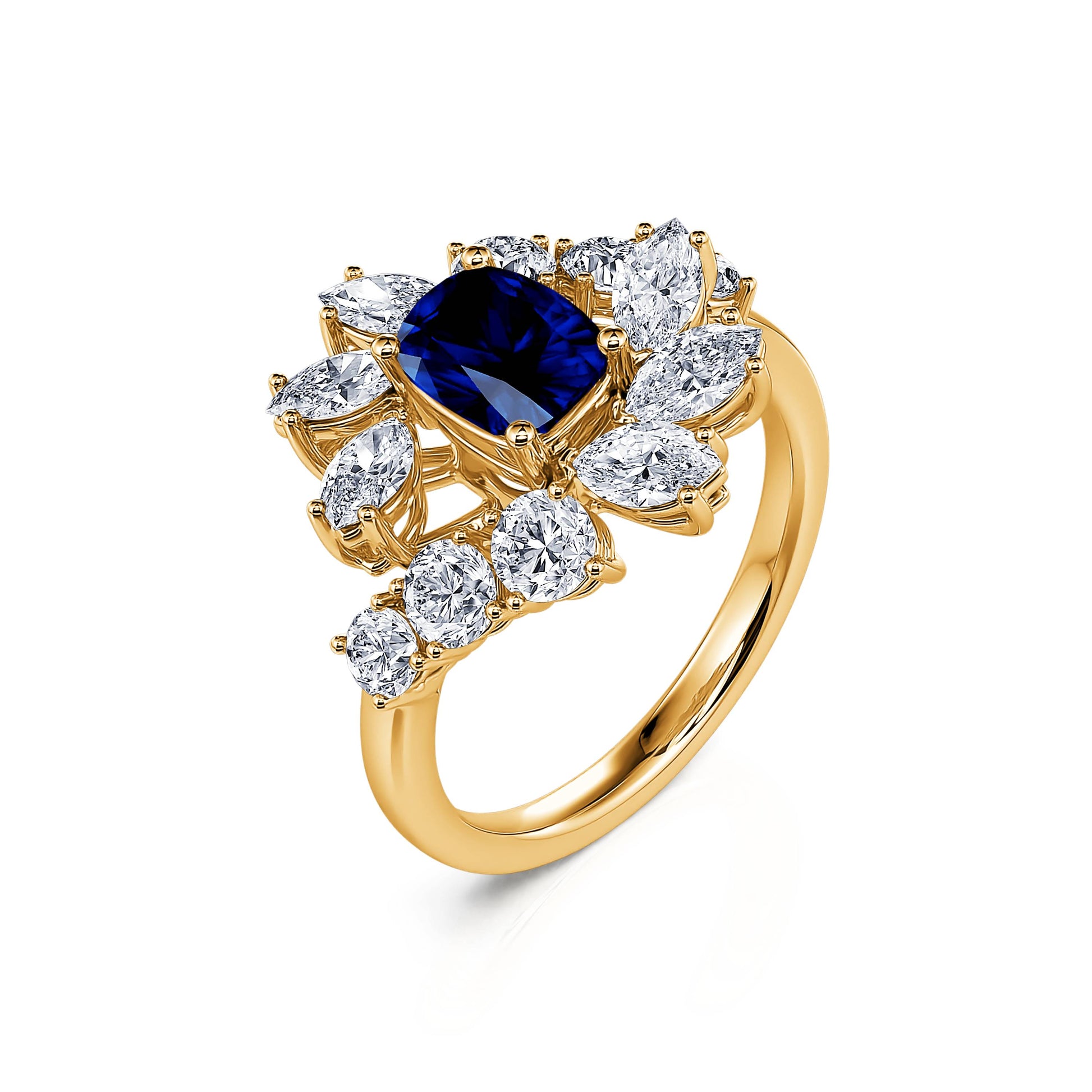 Bague marguerite diamant de synthèse et saphir en or jaune Mira Saphir 2