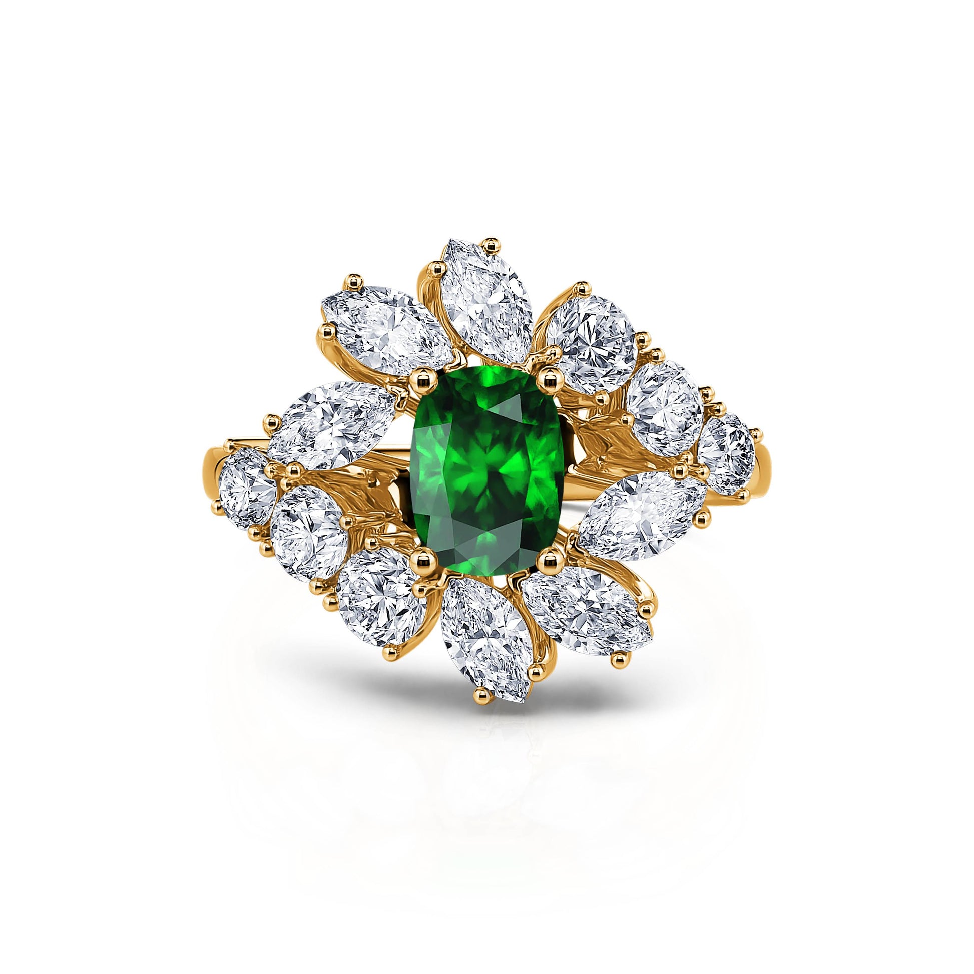 Bague marguerite diamant de synthèse et émeraude en or jaune Mira Émeraude 1