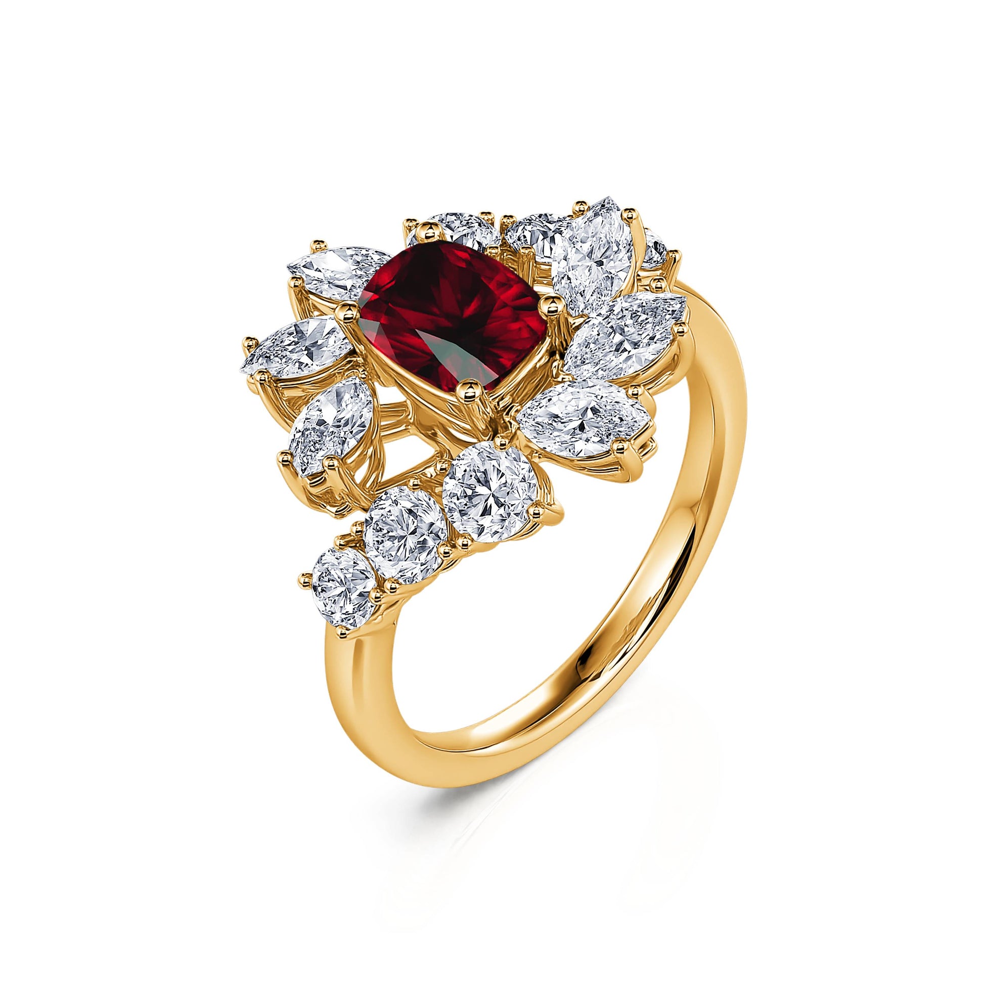 Bague marguerite diamant de synthèse et rubis en or jaune Mira Rubis 2