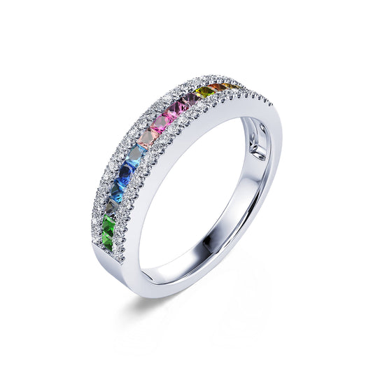 Abba&nbsp;-&nbsp;Bague demi tour diamant et rainbow or blanc #1