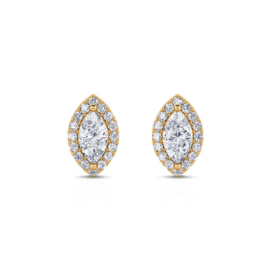 Beka - Puces d'oreilles diamant navette et halo or jaune #1