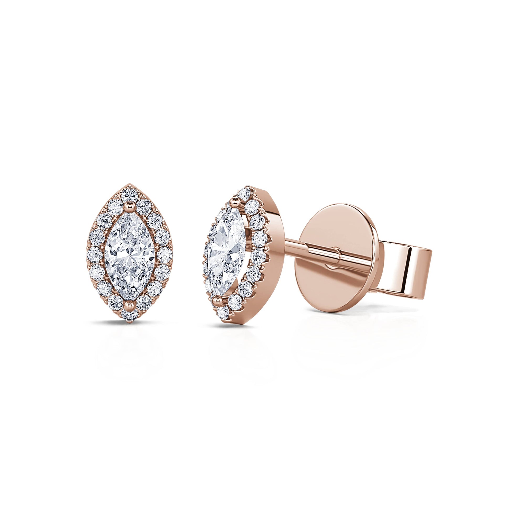 Puces d'oreilles diamant navette et halo or rose Beka 2