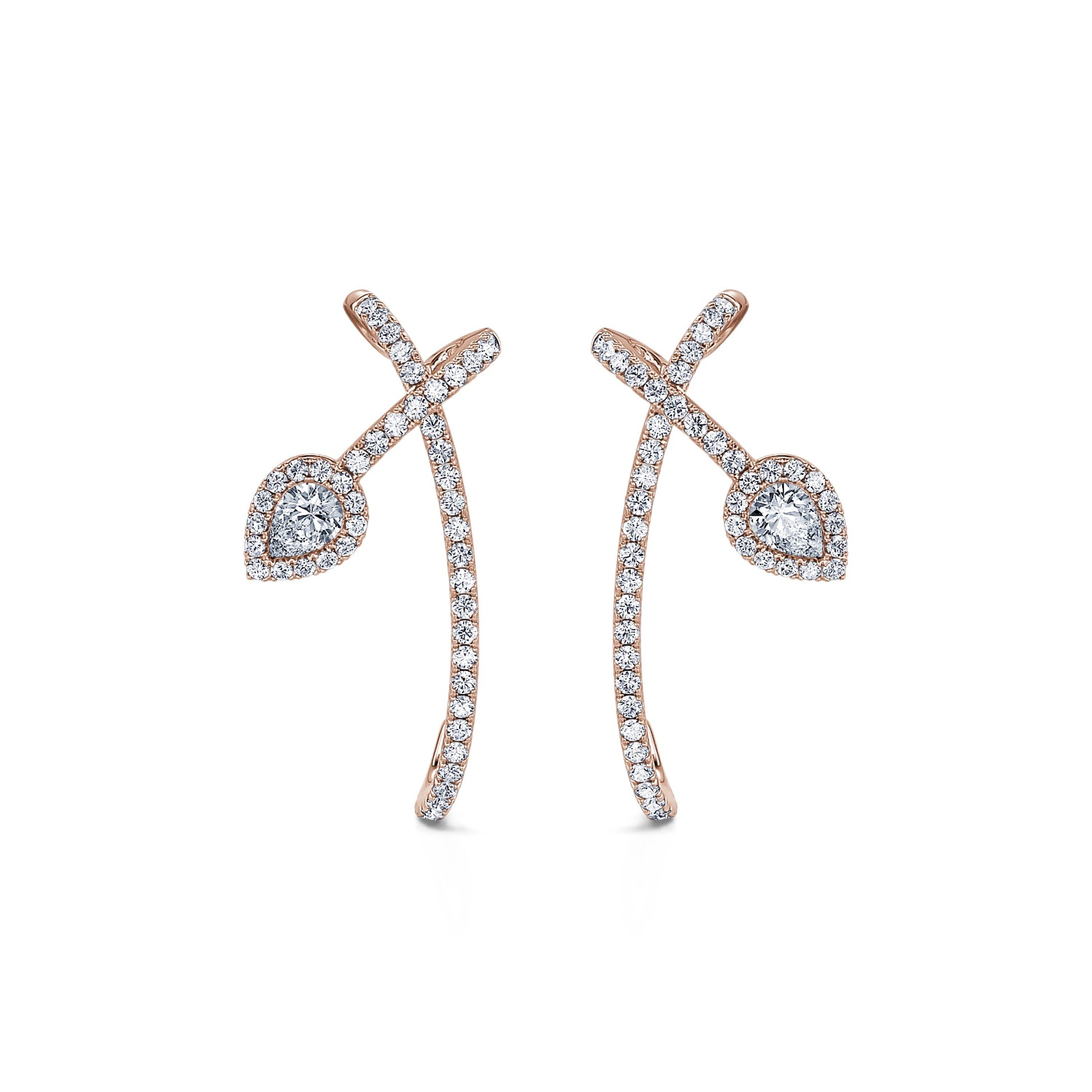 Boucles d'oreilles or rose diamant poire avec halo et tiges croisées Cécile 1