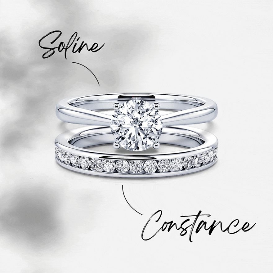 L'ensemble complémentaire : bague de fiançailles Soline et alliance Constance