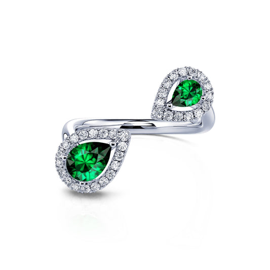 Ezia Émeraude - Bague Toi & Moi or blanc poire diamant et émeraudes #1