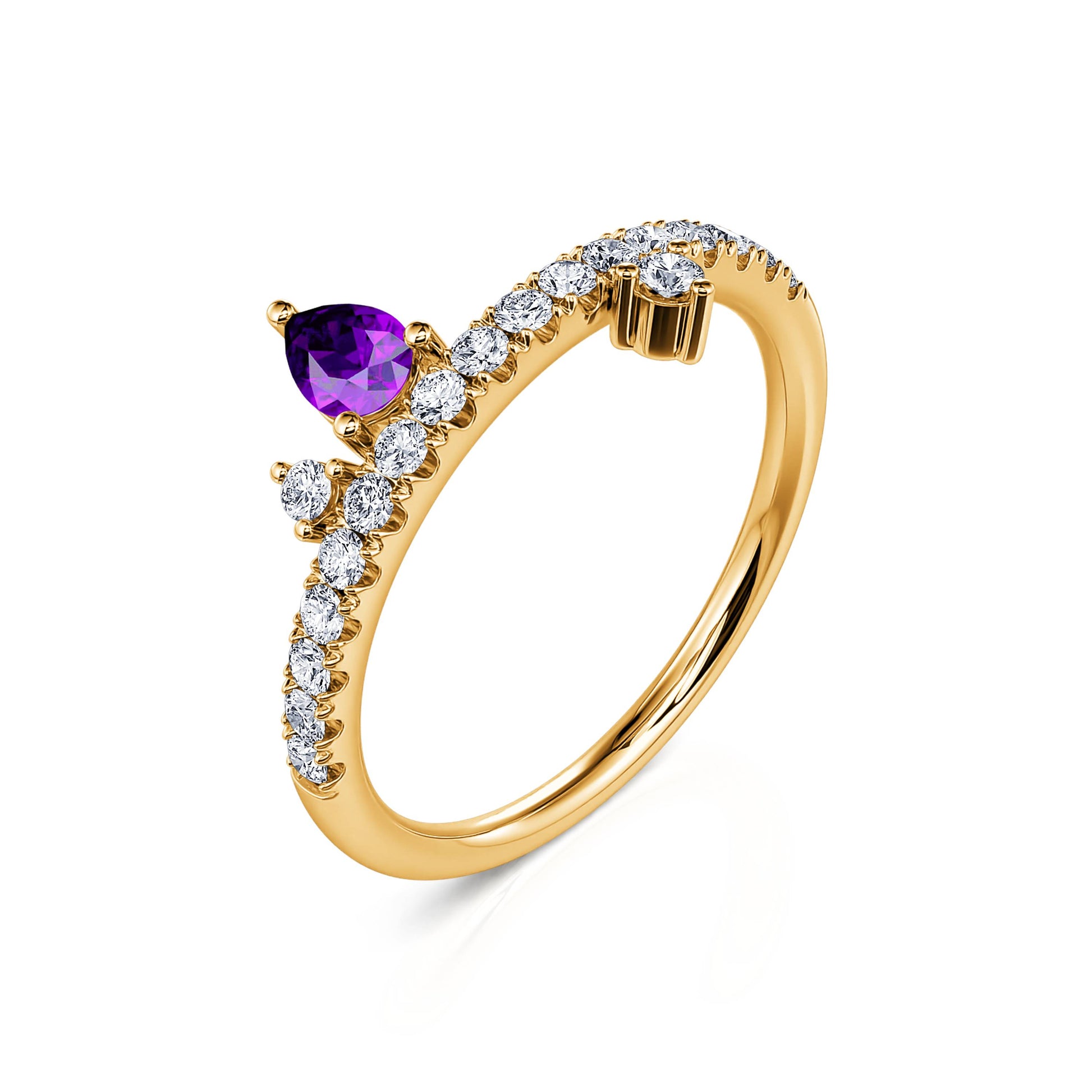 Bague de naissance or jaune diamant et poire améthyste Février 2