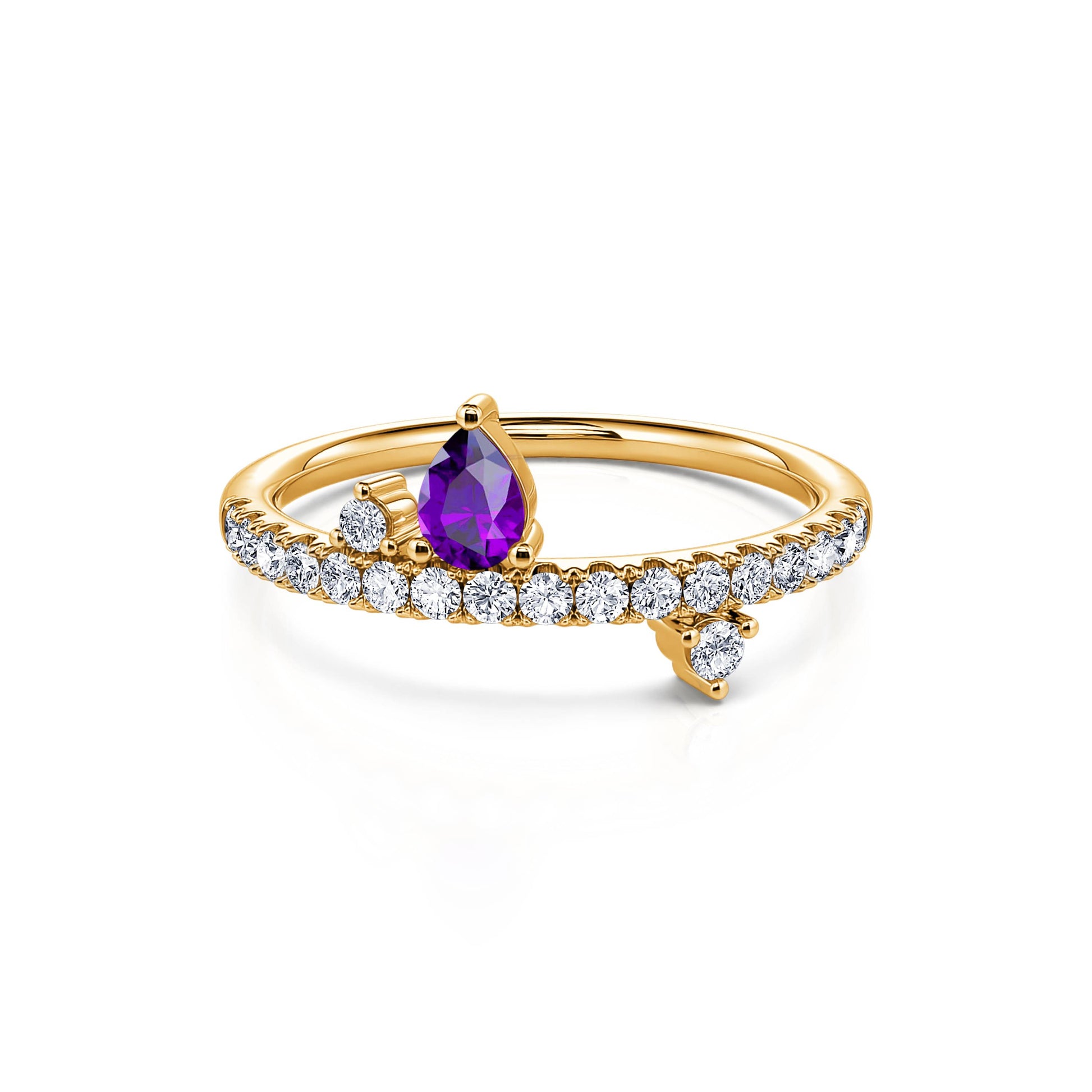 Bague de naissance or jaune diamant et poire améthyste Février 1