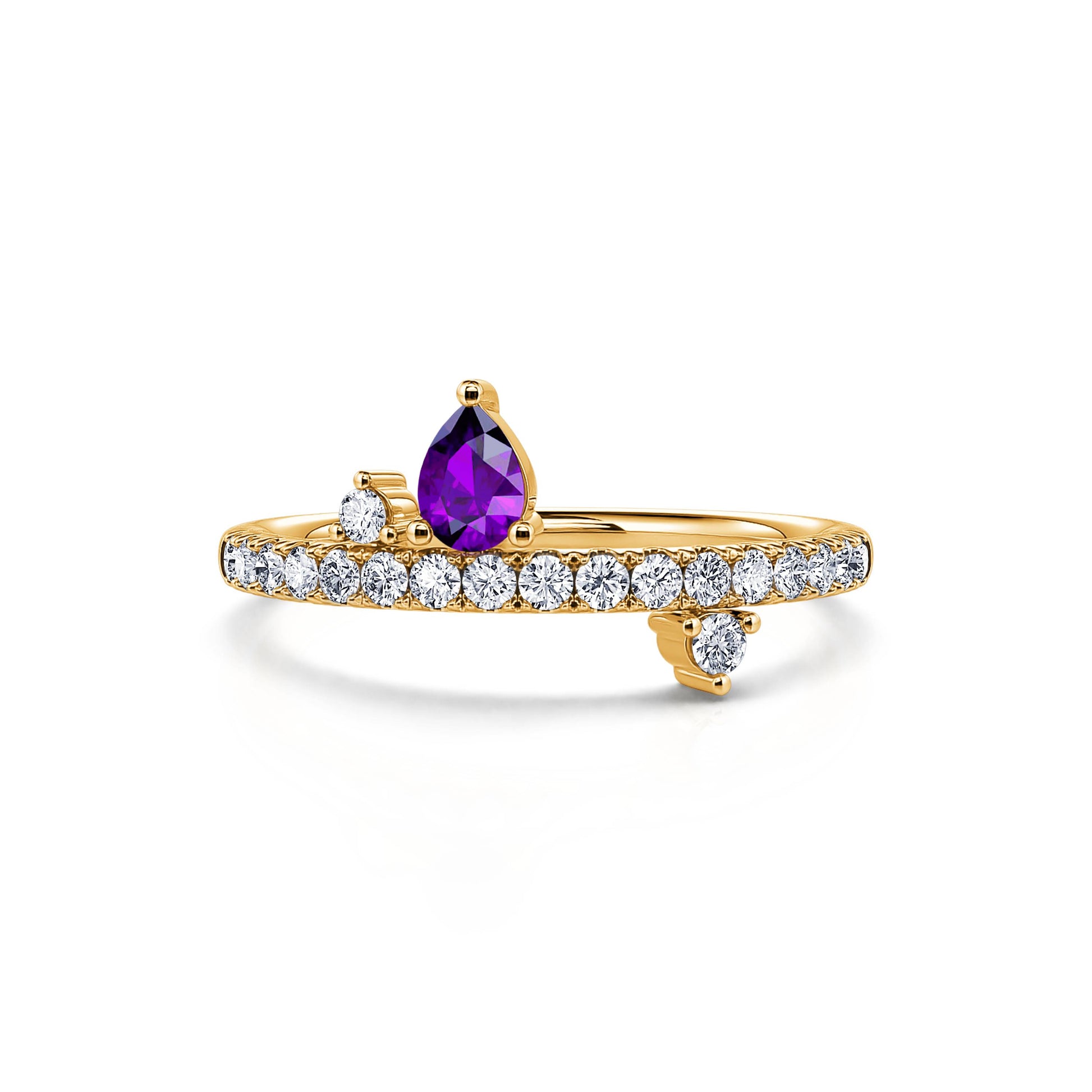 Bague de naissance or jaune diamant et poire améthyste Février 4