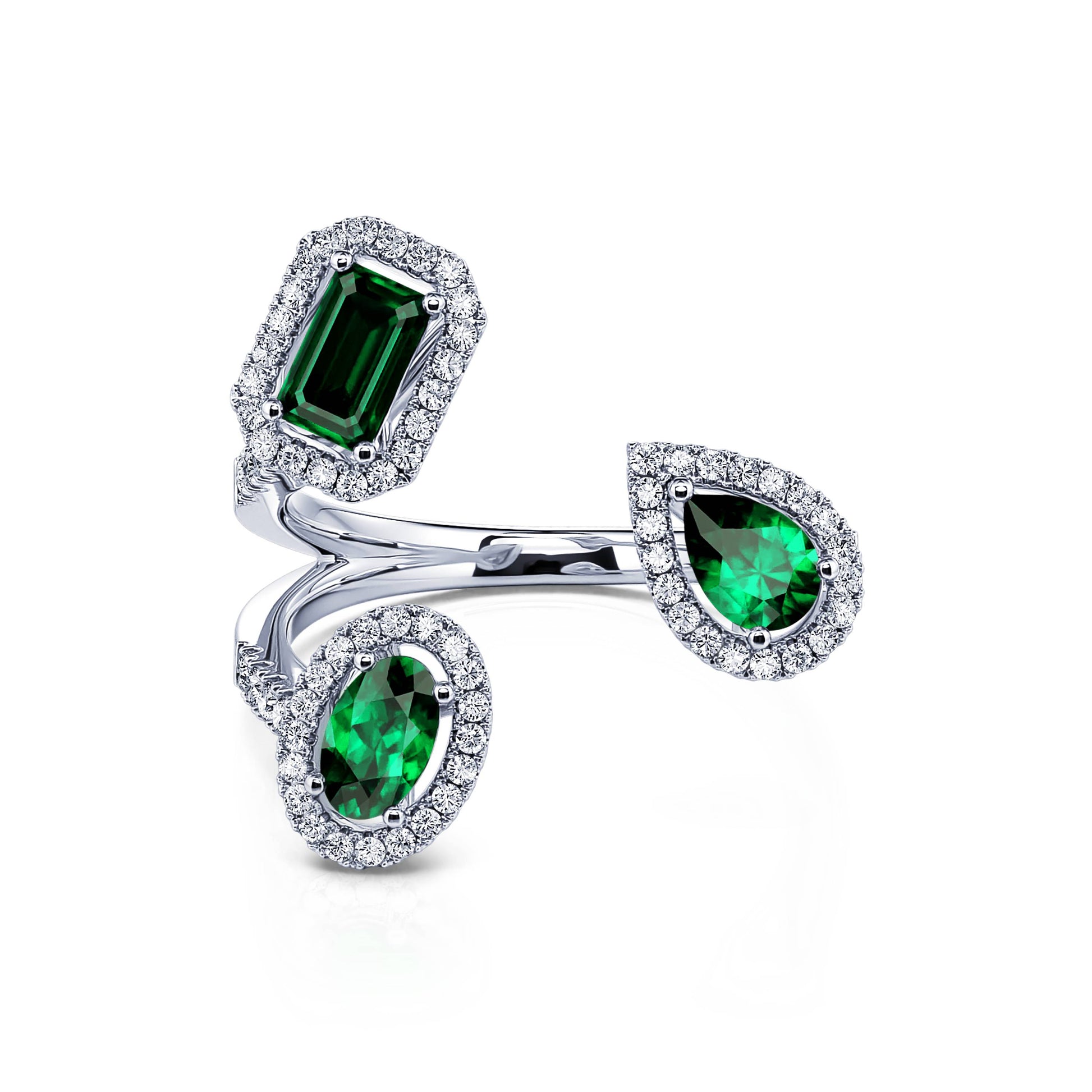 Bague ouverte mutliformes émeraudes et diamant Jared 1