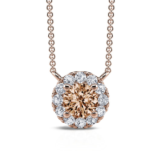June Brun - Collier or rose diamant brun rond avec halo  #2