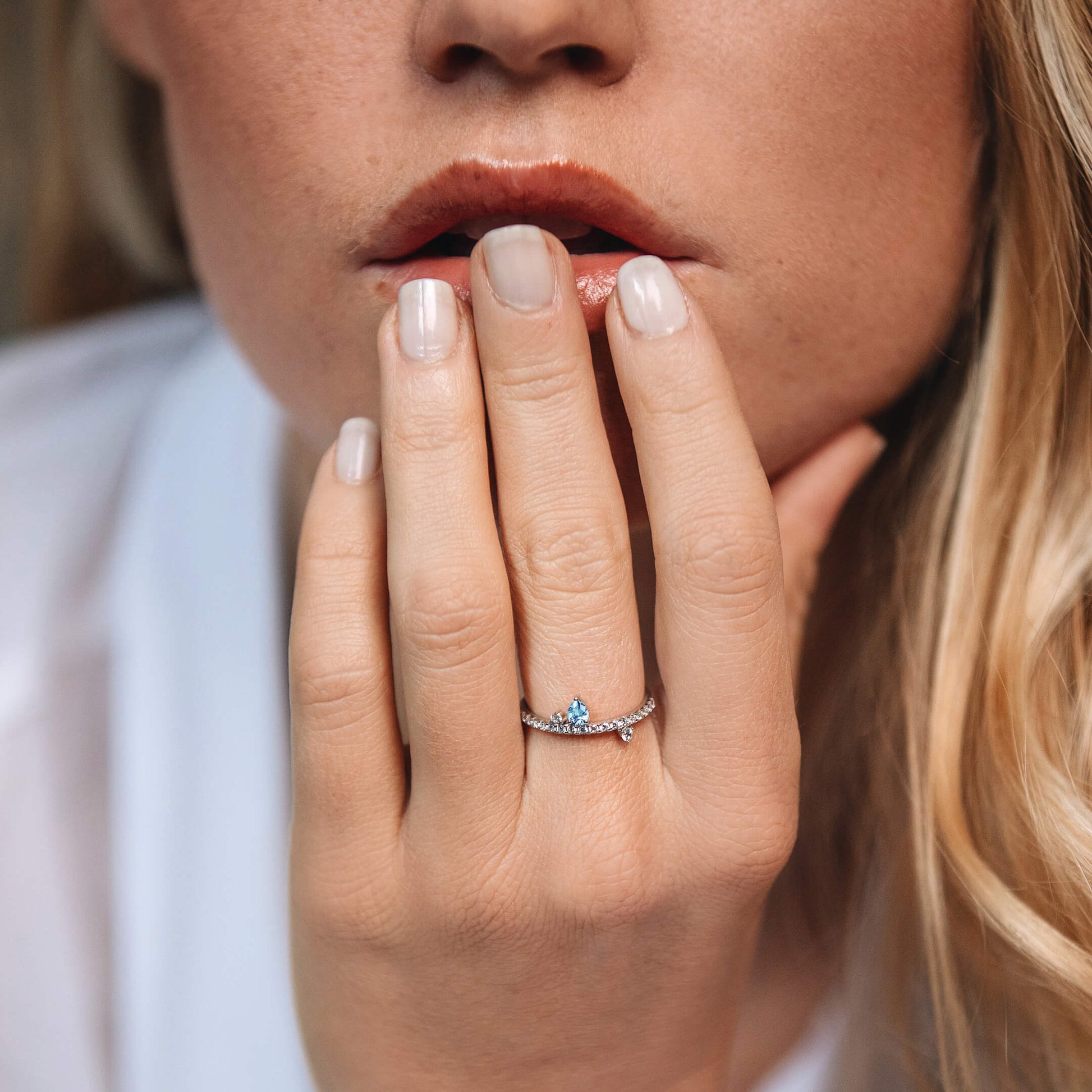 Bague de naissance platine diamant et poire aigue-marine Mars 7