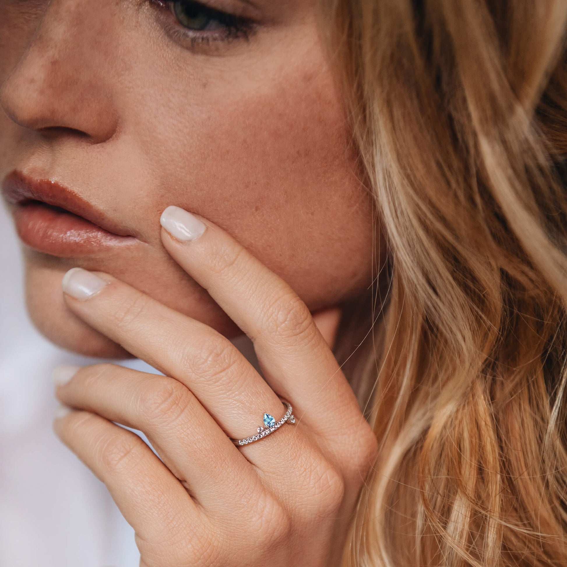 Bague de naissance platine diamant et poire aigue-marine Mars 5