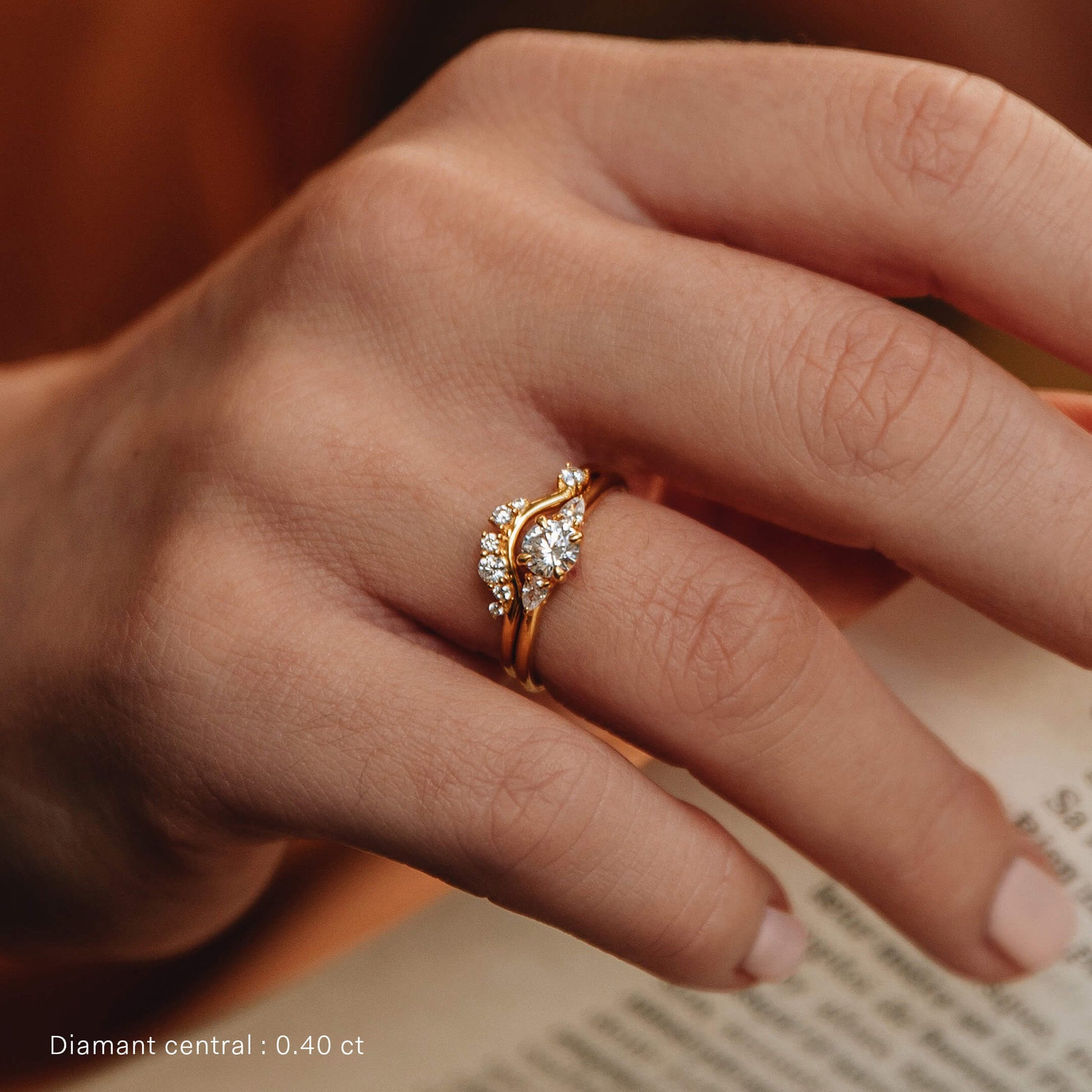 Bague de fiançailles or jaune diamant rond et poires Rosa 5