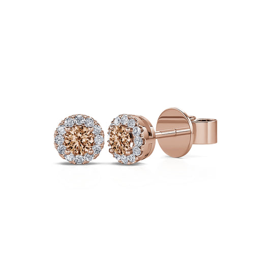 Sara Rond Brun - Puces d'oreilles diamant brun halo or rose #2